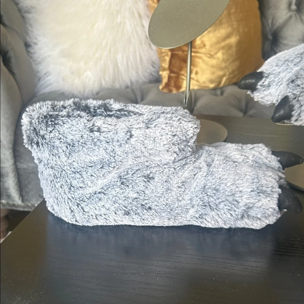 Gray Furry Monster Claw Slippers